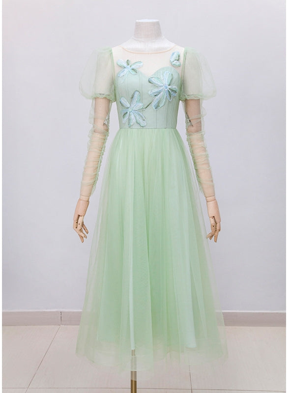 Green Gauze Long Sleeve Evening Dress