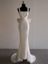 White Satin Straps Pleats Wedding Dress