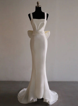 White Satin Straps Pleats Wedding Dress