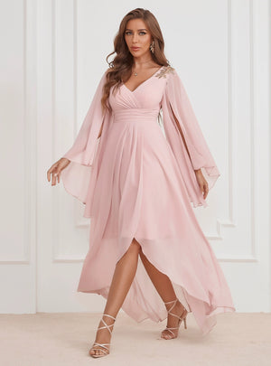 Pink Chiffon V-neck Prom Dress