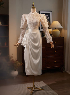 White Lace Satin Long Sleeve Wedding Dress