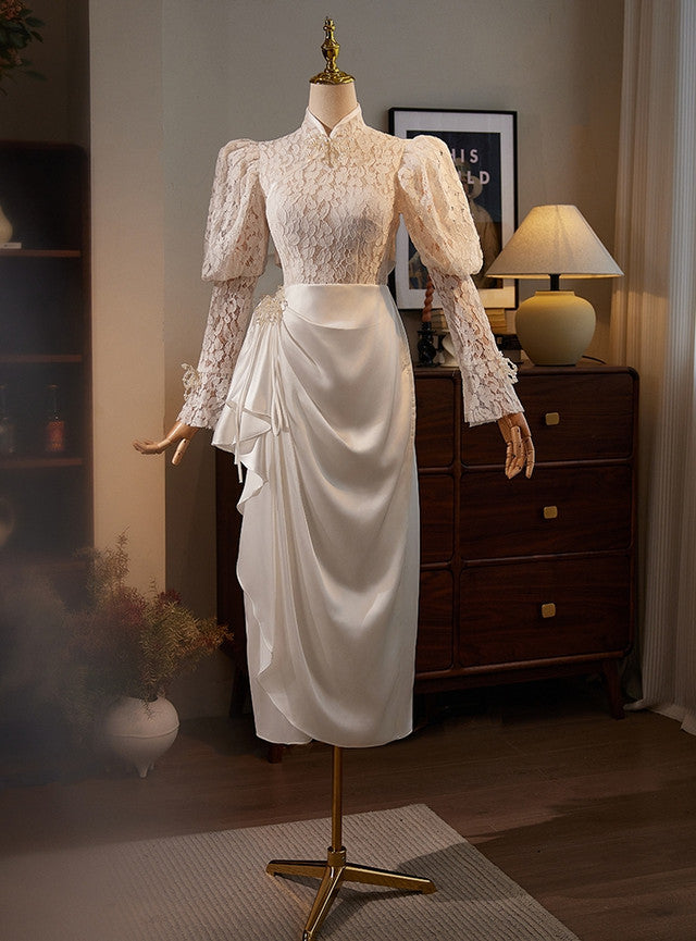 White Lace Satin Long Sleeve Wedding Dress