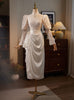 White Lace Satin Long Sleeve Wedding Dress