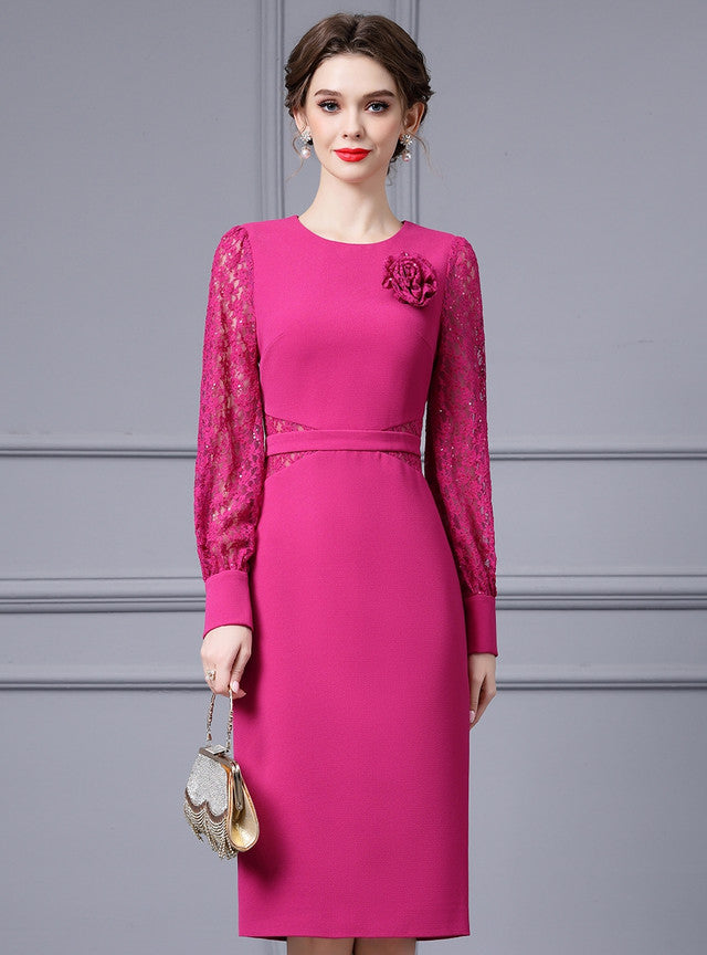 Fuchsia Lace Long Sleeve Mother Of The Bride Dress
