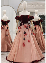Burgundy Velvet 3D Flower Prom Dress