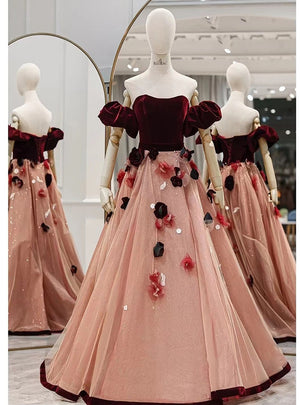 Burgundy Velvet 3D Flower Prom Dress