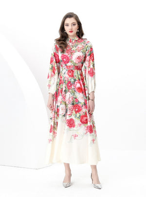 Retro Breasted Stitching Printed Long Dress