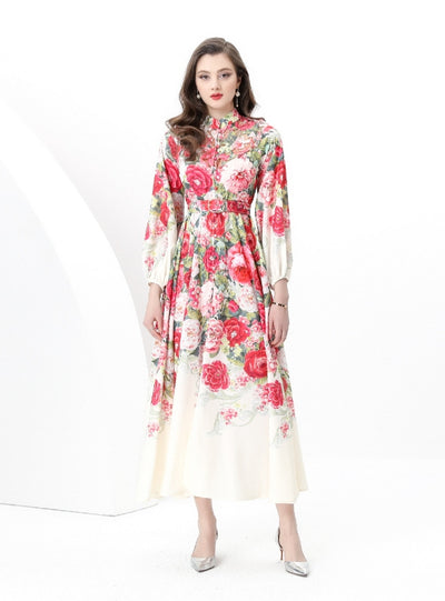 Retro Breasted Stitching Printed Long Dress