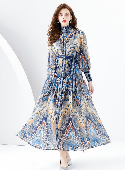 Long-sleeved Slim Breasted Printed Dress