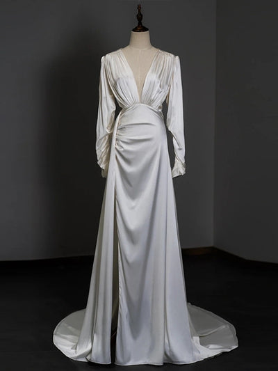 White Satin Long Sleeve V-neck Wedding Dress