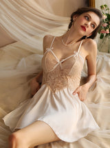 Sexy V Lace Satin Perspective Suspender Nightdress