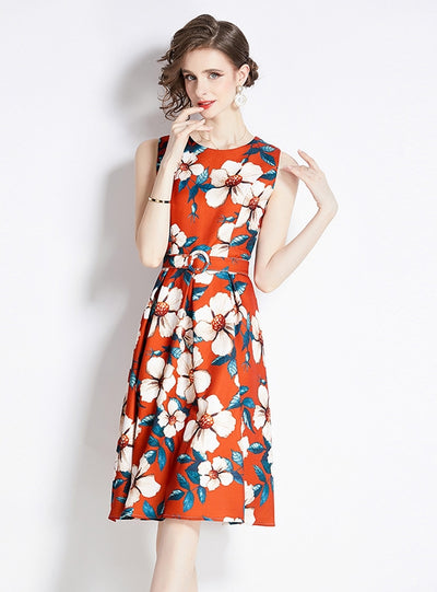Slim Waist Sleeveless Printed Dress