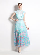 Sleeveless Ruffled Collar Printed Dress