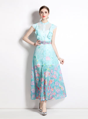 Sleeveless Ruffled Collar Printed Dress