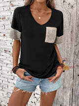 Black and White Contrast Sequins Short Sleeve T-shirt