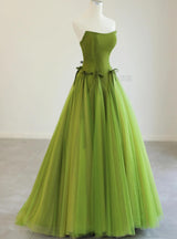 Green Tulle Strapless Bow Prom Dress