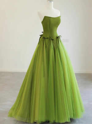 Green Tulle Strapless Bow Prom Dress