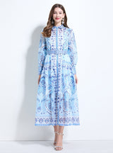 Retro Printed Slim Pleated Long Dress