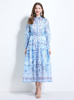 Retro Printed Slim Pleated Long Dress