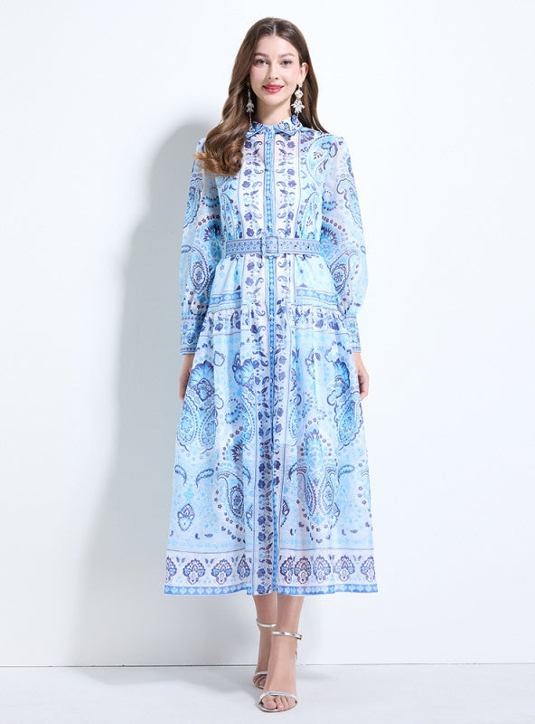Retro Printed Slim Pleated Long Dress