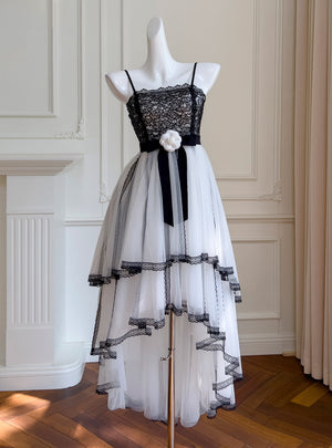 White Tulle Black Lace Straps Prom Dress