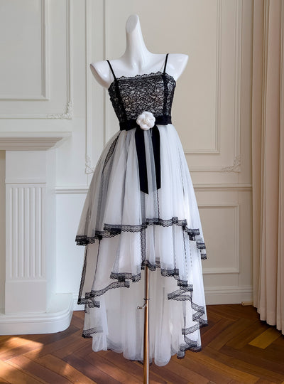 White Tulle Black Lace Straps Prom Dress