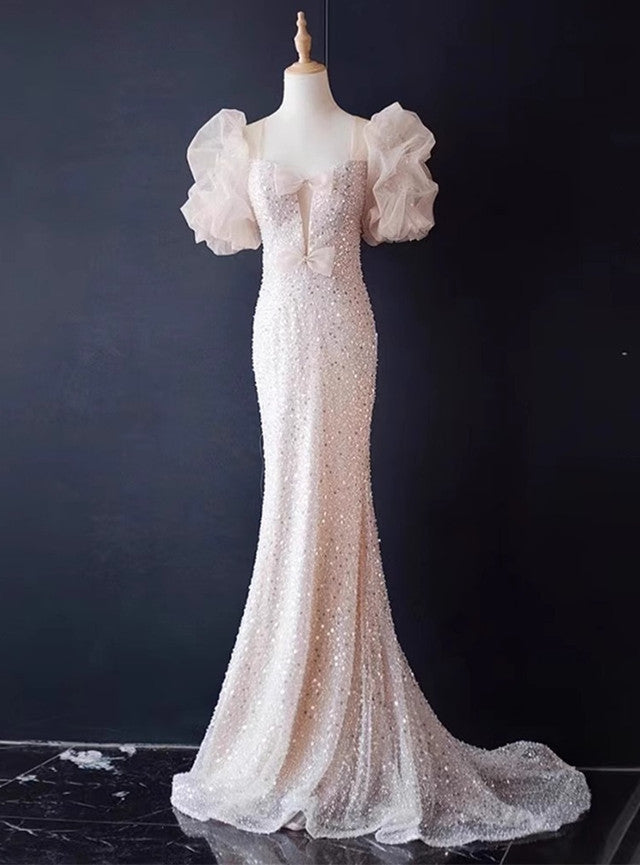Pink Mermaid Sequins Puff Sleeve Prom Dress