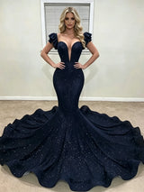Navy Blue Mermaid Straps Prom Dress