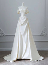 Ivory Satin Off the Shoulder Pleats Wedding Dress