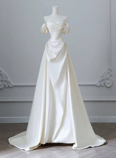 Ivory Satin Off the Shoulder Pleats Wedding Dress
