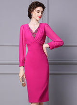 Fuchsia Long Sleeve V-neck Mother Of The Bride Dress
