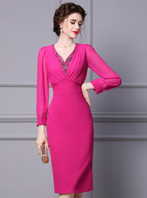 Fuchsia Long Sleeve V-neck Mother Of The Bride Dress