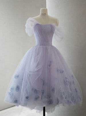 Purple Tulle Pleats Flower Short Prom Dress