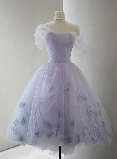 Purple Tulle Pleats Flower Short Prom Dress
