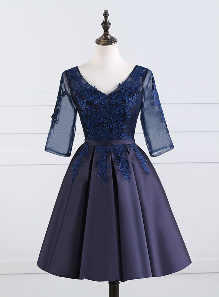 Navy Blue Satin Lace Short Sleeve Homecoming Dress