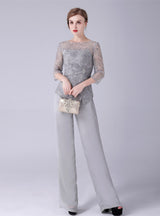 Gray Chiffon Lace Mother Of The Bride Dress