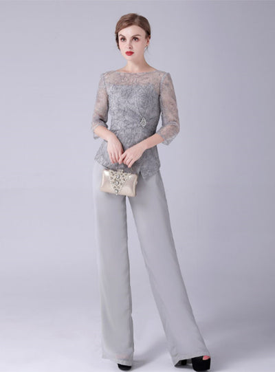 Gray Chiffon Lace Mother Of The Bride Dress