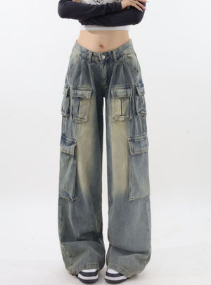 Loose Low Waist Wide Leg Pockets Jeans