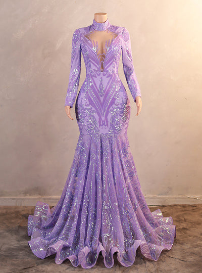 Purple Sequins Long Sleeve Prom Dress