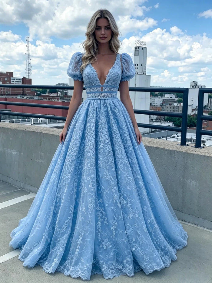 Blue Lace Puff Sleeve Prom Dress