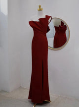 Burgundy One Shoulder Pleats Split Prom Dress