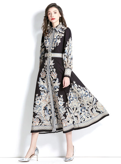 Retro Lapel Lantern Sleeve Printed Dress