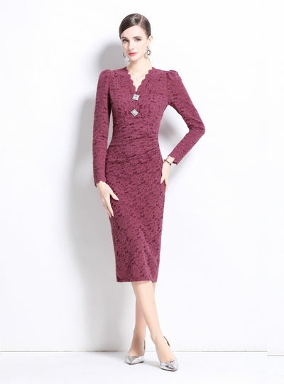 V-neck Slim Waist Lace Long Sleeve Dress