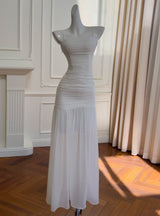 White Tulle Strapless Pleats Prom Dress