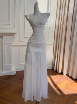 White Tulle Strapless Pleats Prom Dress