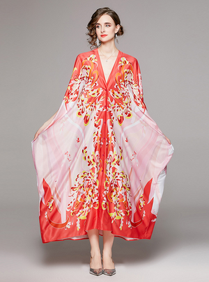 Printed V-neck Loose Bat Dress