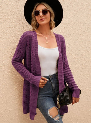 Solid Color Hollow Knit Cardigan Sweater Coat
