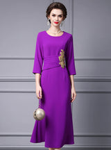 Purple Short Sleeve Crystal Mother of the Bride Dress