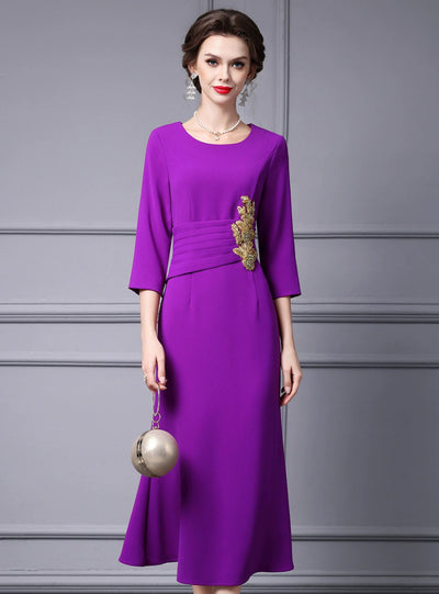 Purple Short Sleeve Crystal Mother of the Bride Dress