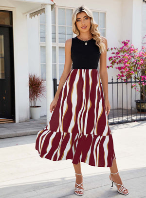 Round Neck Silm Waist Contrast Dress